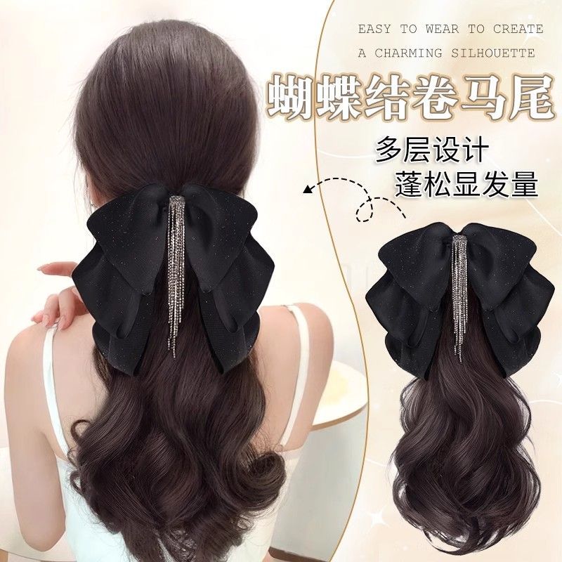假发马尾女流苏蝴蝶结低马尾抓夹款气质微卷女神仿真发假发辫马尾