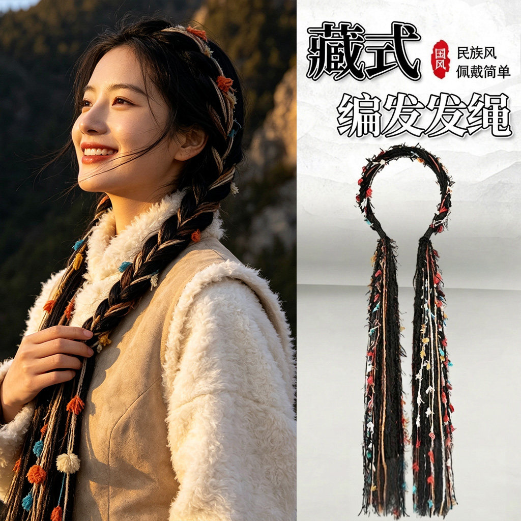 藏式民族风美拉德彩色长流苏飘带发箍藏族麻花辫头箍波西米亚发饰