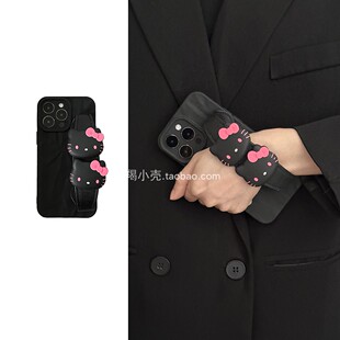 立体褶皱2只kitty猫手腕带适用于iPhone16promax手机壳苹果15甜酷风14全包12pro磨砂13promax保护套女