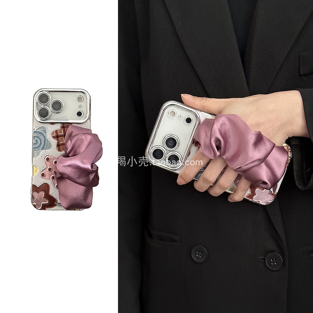 【带镜头膜】好看简约黑加仑子紫星星灰巾手腕带适用于苹果17promax手机壳便携式iphone15全包16pro防摔14女