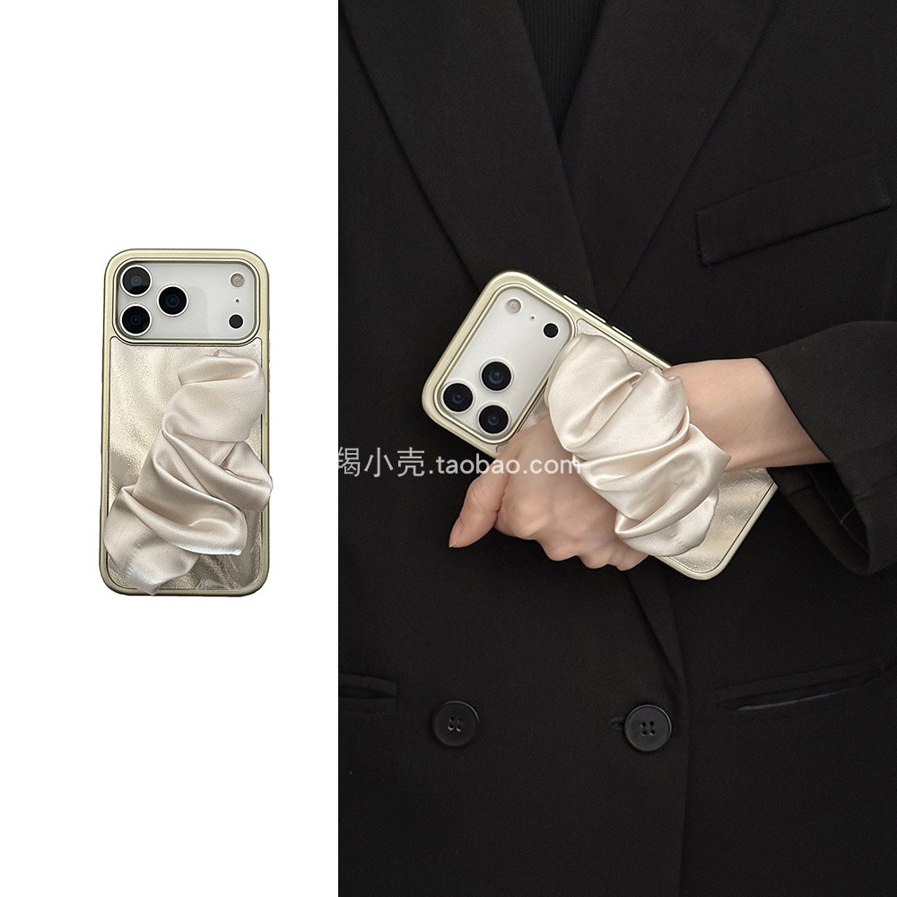高级感小众淡黄丝巾手腕带17promax手机壳手腕式适用于iphone15promax便携16新款14pm苹果全包13