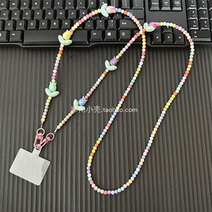 少女ins糖果彩色串珠郁金香链条斜挎手机长款相机挂绳斜背包挂链