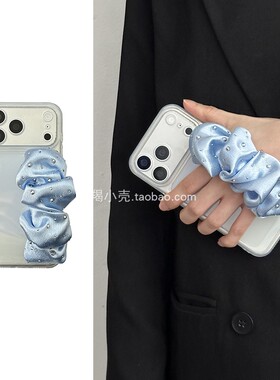 法式气质ins烫钻蓝色丝巾弹力手腕带17promax适用于iphone16p手机壳15便携式14pm苹果12防摔13透明软壳女