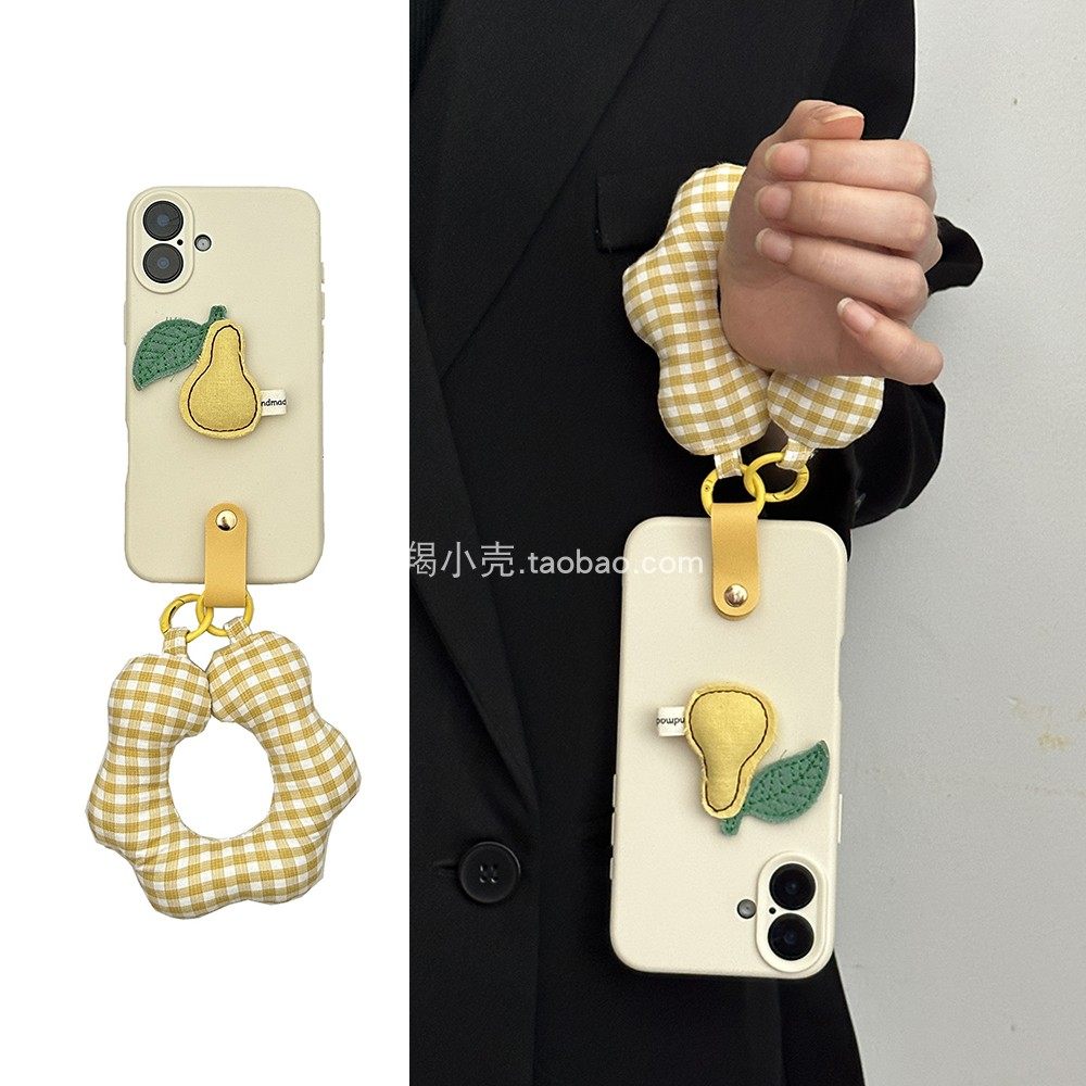 高颜值布艺线条雪梨手腕带17promax/16pro苹果手机壳带挂绳适用于iphone15全包14pm防摔12/11软壳13女