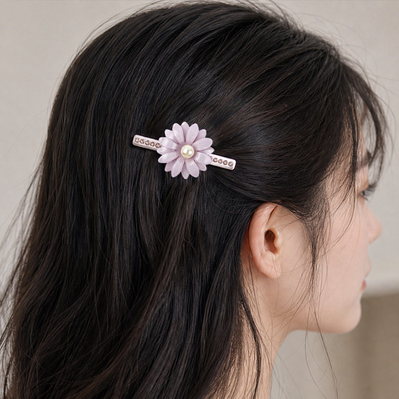 小众新款雏菊花朵发饰时尚小黄花醋酸发夹镶钻珍珠一字边夹女饰品