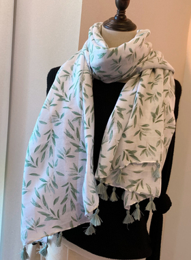 围巾女夏季韩版百搭棉麻纱巾薄款绿色树叶沙滩巾遮阳丝巾防晒披肩