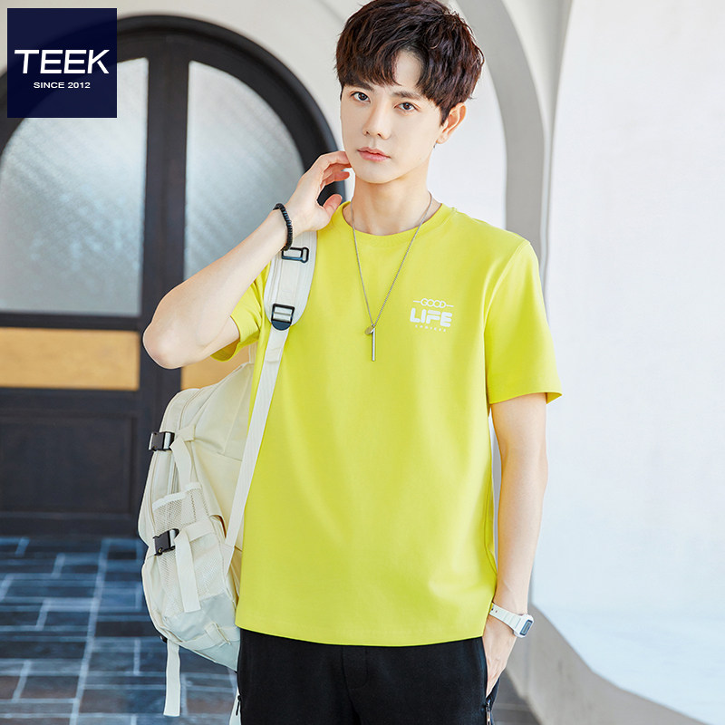 TEEK速干短袖T恤男姜黄色 2026夏季吸湿多巴胺日系潮流青年上衣服