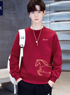 TEEK马年本命年生肖款酒红色男纯棉卫衣 加绒长袖T恤红色过年衣服