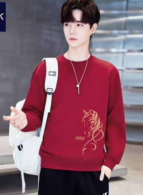 马年本命年卫衣纯棉男酒红色秋冬季生肖款骏马加绒红色战袍上衣服