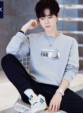 TEEK纯棉卫衣男青年花灰色春季圆领长袖T恤 帆船印花帅气港风上衣