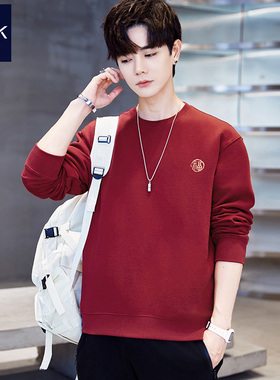 TEEK酒红色卫衣男纯棉秋冬季 马年本命年长袖T恤福字加绒红色衣服