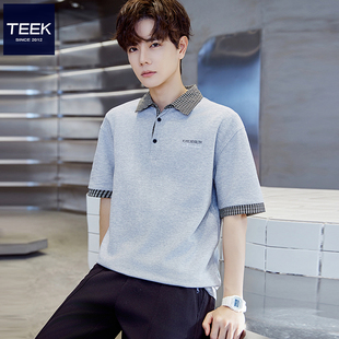 TEEK宽松Polo衫短袖翻领T恤男 夏季拼接带领商务潮牌半袖保罗衣服