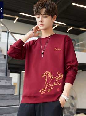 TEEK酒红色男装限定卫衣加绒 2026马年本命年红色长袖T恤新年衣服