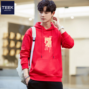 TEEK马年本命年红色连帽卫衣男款冬季纯棉中国风连帽拜年衣服帽衫