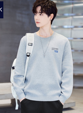 TEEK男士针织衫灰色毛衣2025秋季字母印花外穿青少年港风衣服打底