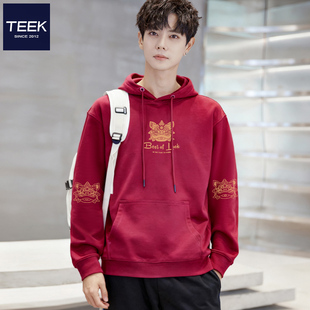 TEEK春季马年本命年酒红色男士纯棉连帽卫衣国潮醒狮红色带帽衣服