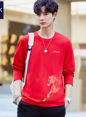 TEEK踏马流星红色长袖T恤男 2026秋冬季马年本命年纯棉新年上衣服
