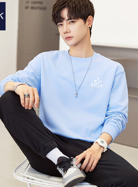 TEEK2025秋冬男士浅蓝色卫衣 加绒长袖T恤笑脸印花高中生清新上衣
