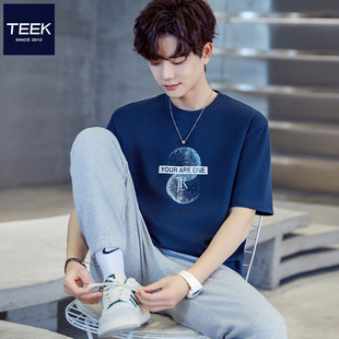 夏季 T恤 设计感韩版 小众潮流半袖 上衣服 TEEK宝蓝色男士 衫 纯棉短袖