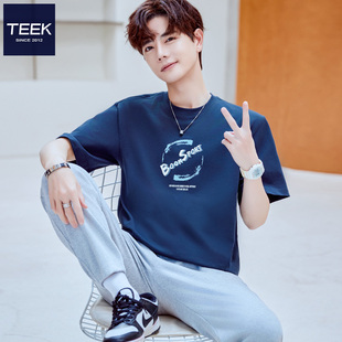 新款 TEEK夏季 字母印花复古青少年半袖 T恤纯棉 潮流衣服 宝蓝色短袖
