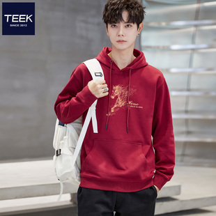 TEEK马年本命年酒红色带帽纯棉男卫衣踏马流星秋冬季红色连帽衣服