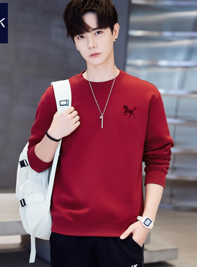 TEEK秋冬季纯棉喜庆酒红色卫衣男马年本命年加绒骏马图案红色衣服