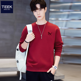 TEEK秋冬季潮流喜庆酒红色卫衣男马年本命年加绒骏马图案红色衣服