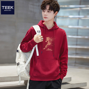 TEEK踏马流星酒红色男带帽卫衣纯棉秋冬季马年本命年红色连帽衣服