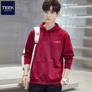 万事青松马年本命年酒红色连帽纯棉卫衣男秋冬季红色带帽新年衣服