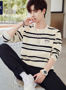 TEEK条纹男长袖T恤秋冬季 内搭青少年加绒秋衣加厚春季打底小衫