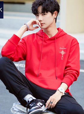 新中式红色纯棉连帽卫衣秋冬季马年本命年中国结连帽新年战袍衣服