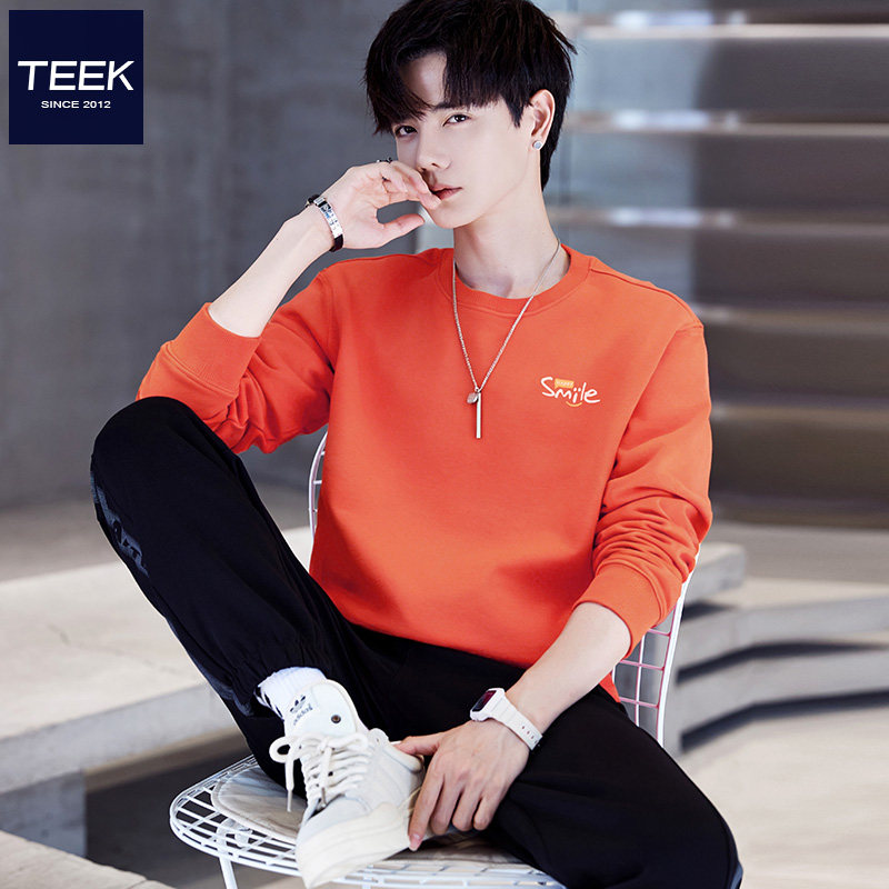 TEEK2026春季橘红色纯棉男卫衣smile长袖T恤青少年韩版小众上衣服