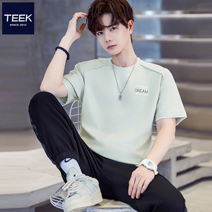 衫 TEEK夏季 莱赛尔冰丝潮流青少年学生半袖 T恤男 假两件浅绿色短袖