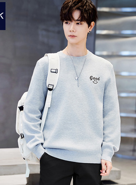 TEEK秋季新款灰色毛衣男内搭针织衫笑脸印花韩版线衣青少年上衣服