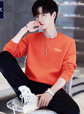TEEK春季纯棉橘红色男装卫衣 笑脸长袖T恤韩版帅气青少年阳光橙色