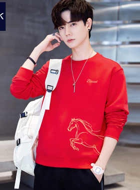TEEK大红色加绒男士卫衣马年本命年 秋冬策马奔腾长袖T恤新年衣服