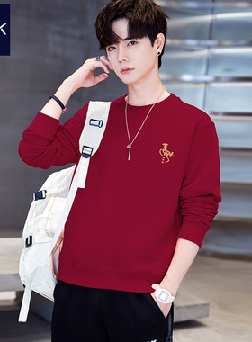 繁体字马到功成秋冬季酒红色纯棉卫衣男马年本命年加绒红色上衣服