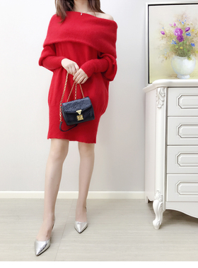 尾单 大红色性感一字肩大盆领马海毛包臀连衣裙 上衣