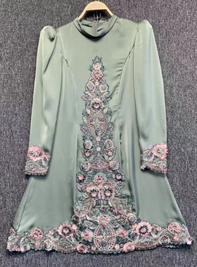 重工刺绣钉珠蕾丝拼花耸肩收腰显瘦长袖连衣裙 改良版旗袍