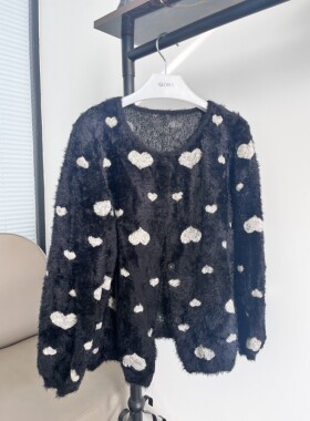 甜心茶话会羊毛爱心毛衣慵懒黑色圆领毛织上衣 灯笼袖开衫