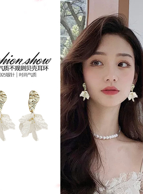 S925银针贝母花朵耳环女夏天清晰百搭高级感韩国网红气质港风耳钉