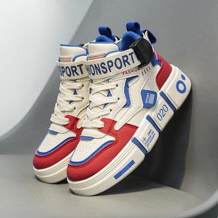 秋款男童鞋系鞋带高帮休闲运动鞋秋冬款中大童运动鞋皮面防水潮鞋