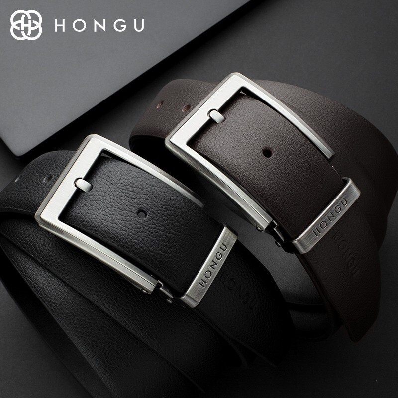hongu/红谷男士皮带针扣真皮专柜正品休闲商务头层牛皮腰带礼盒装