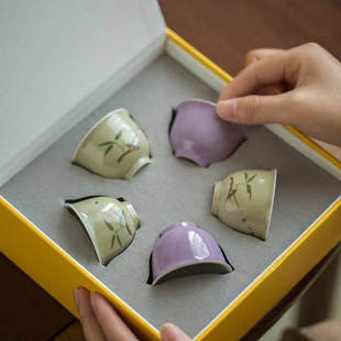 观云拟古老豆青釉5客杯陶瓷品茗杯茶杯景德镇陶瓷萼梅含雪五客杯