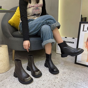 韩版短靴女马靴机车靴2023复古新款擦色靴方跟大头靴皮靴子时尚靴
