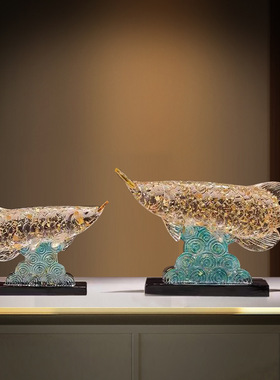 新中式鱼跃龙门金箔水晶龙鱼摆件工艺品客厅商务办公室乔迁开业礼