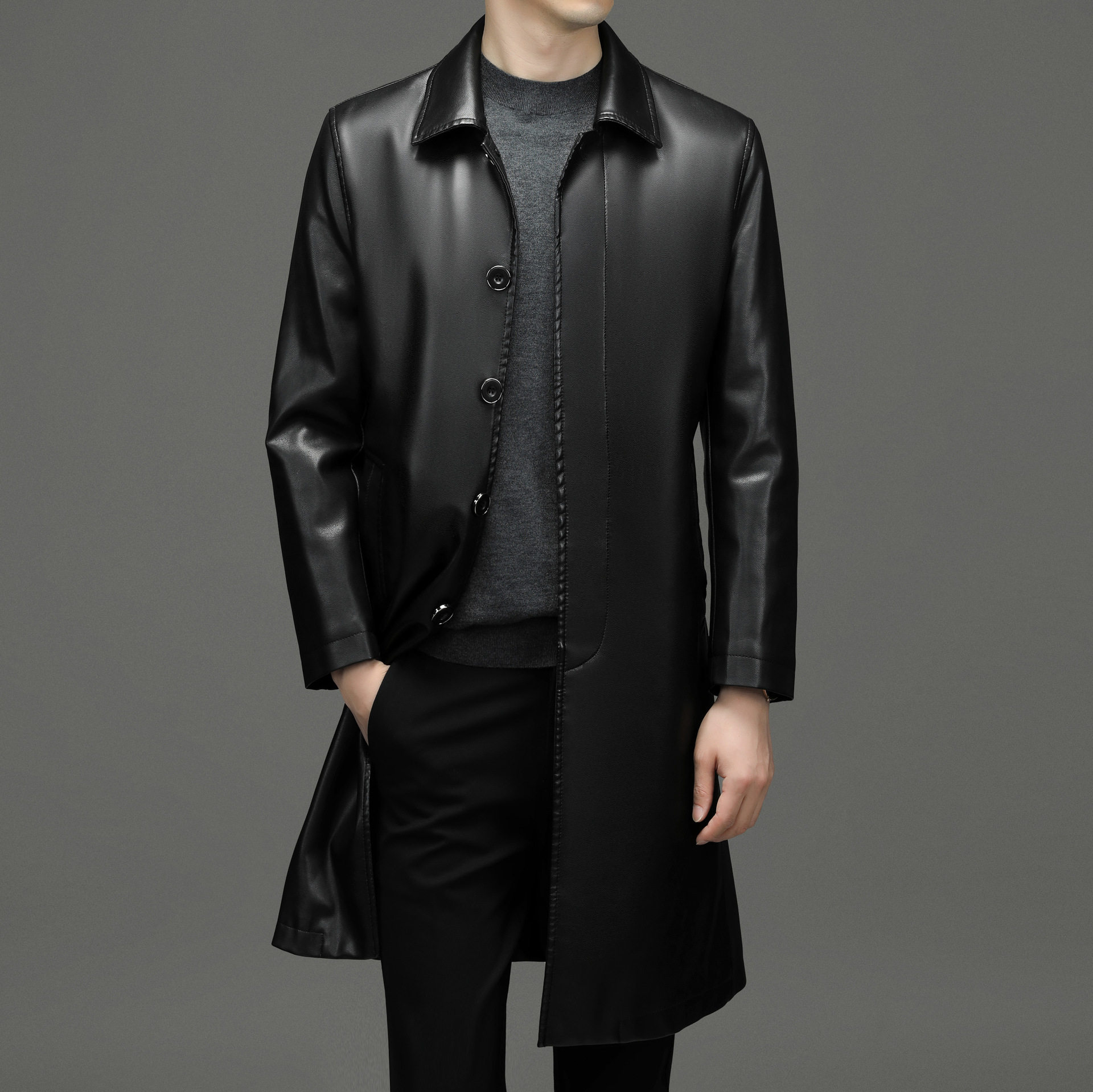 冬装新款真皮皮衣男中长款风衣外套加绒加厚商务绵羊皮休闲皮大衣