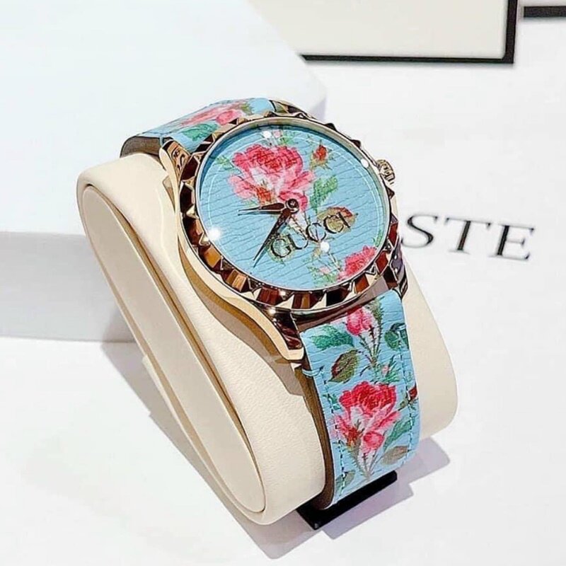 代购代购正品 GUCCI 古驰蓝色蔷薇花卉创意时尚皮带石英女表YA12