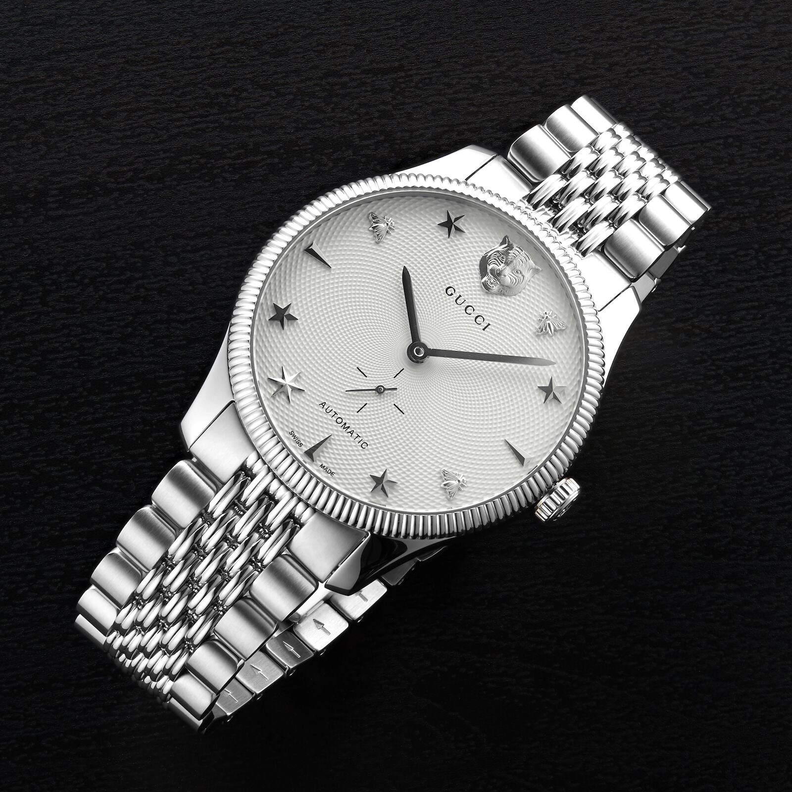 代购Gucci古驰 G-Timeless 虎头银色表盘自动机械男士手表 YA126