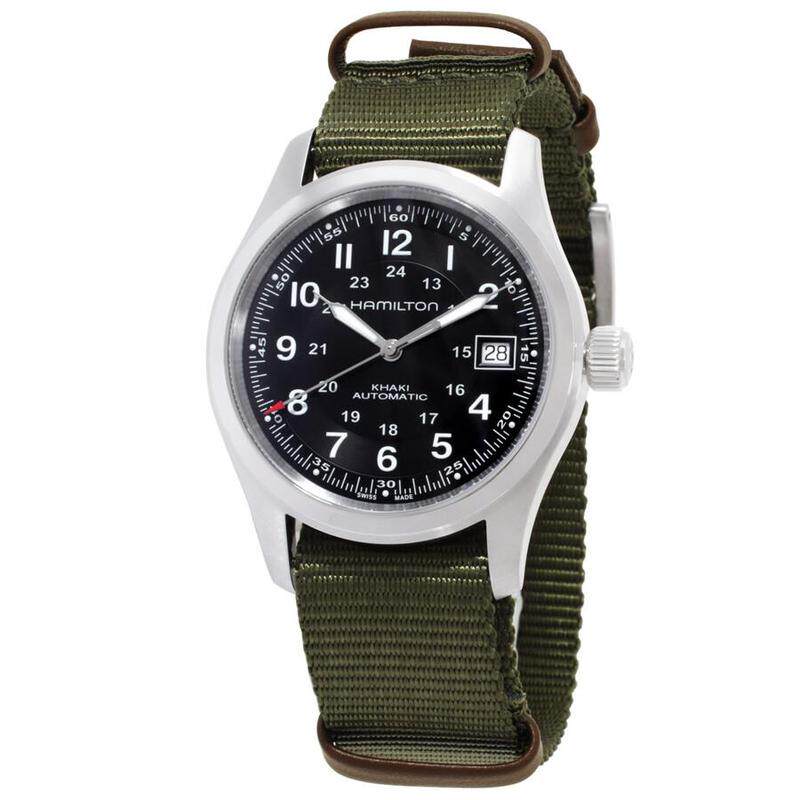 代购HAMILTON男士腕表夜光日期自动上链计时钢壳织物带黑色盘